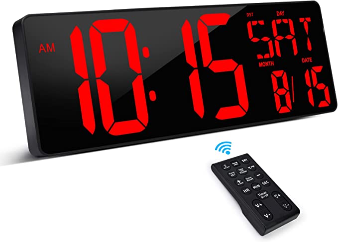 XREXS Reloj de pared digital grande con control remoto, pantalla LED grande de 16.5 pulgadas, temporizador de cuenta arriba y abajo, reloj despertador de brillo ajustable con día/fecha/temperatura para el hogar, gimnasio, oficina y aula